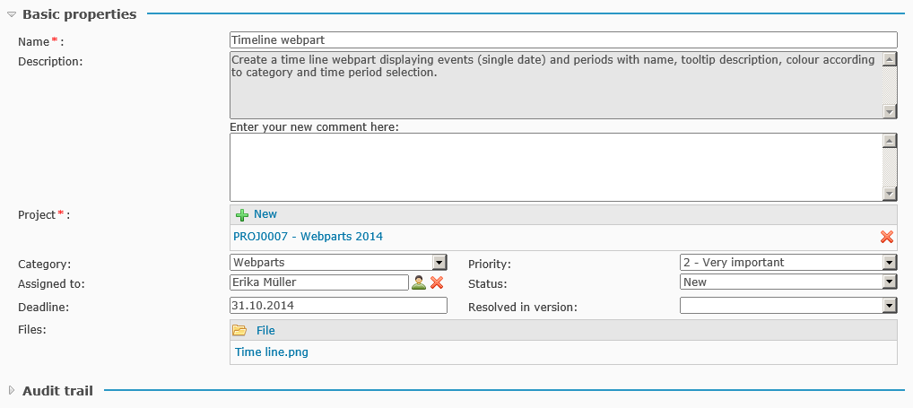 task detail shows history of the task, attachments, status and solver