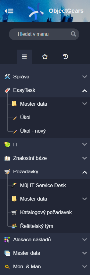 Menu - strom v levé části obrazovky.