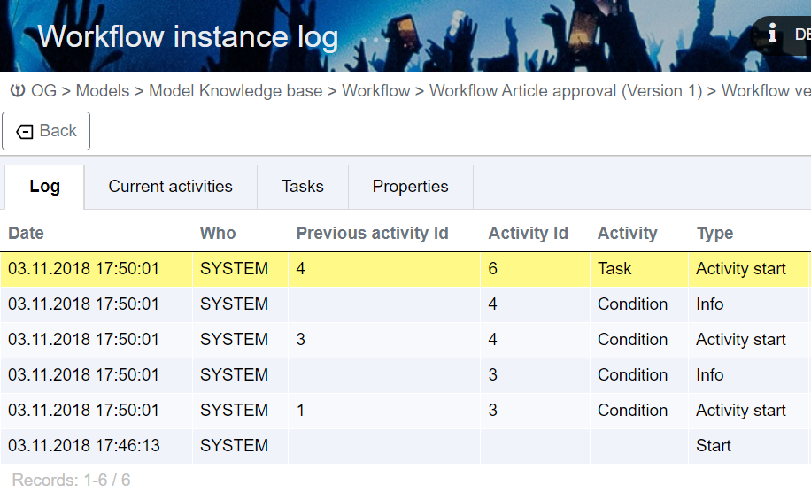 The workflow instance log shows the steps of a given workflow execution.